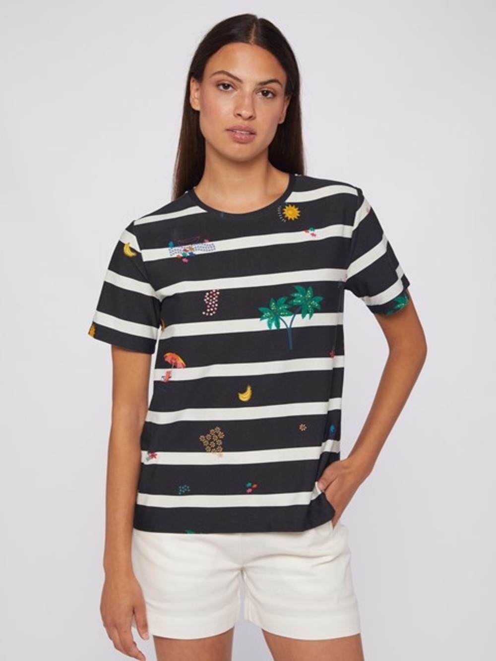Vilagallo Black White Stripe Novelty Print Tee | Palm Tree Rainbow Banana Top S